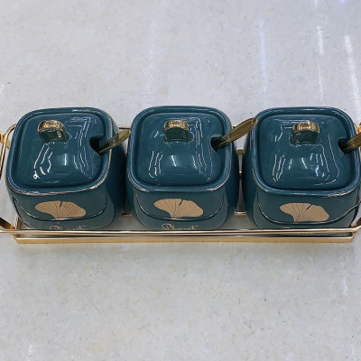 BỘ GIA VỊ SỨ CAO CẤP MÀU XANH CỔ VỊT KHUNG KIM LOẠI MẠ VÀNG