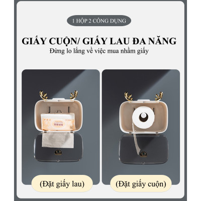 Hộp đựng khăn giấy, hộp khăn giấy, nhựa PP hoạ tiết sừng nai dễ thương, màu trắng sang trọng 