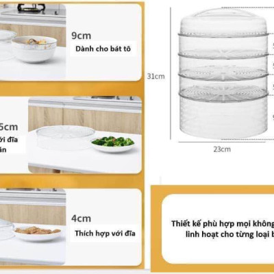 Lồng bàn Nhà của Mẹ giữ nhiệt, chống bụi, côn trùng 4 tầng, 5 ngăn (thiết kế lỗ hở giữa các ngăn) chất liệu nhựa PP trong suốt cao cấp