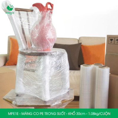 MPE1E - Khổ 30cm - 1.08kg - 1 cuộn màng co PE trong suốt - Cuộn màng bọc PE, màng chít quấn hàng