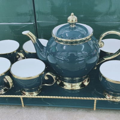 BỘ ẤM CHÉN  PHA TRÀ SỨ TEA SET KÈM KHAY MÀU XANH CỔ VỊT KHUNG KIM LOẠI MẠ VÀNG PHONG CÁCH ÂU SANG TRỌNG - ANTH434