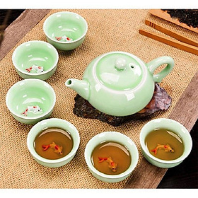 Bộ Ấm chén Ngọc 3D Hình Cá Gồm 1 Ấm và 6 Tách Uống Trà