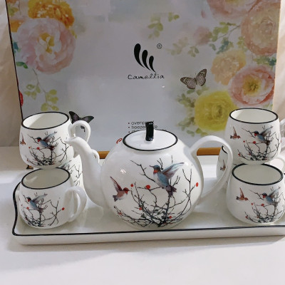 BỘ ẤM CHÉN PHA TRÀ KÈM KHAY SỨ CAO CẤP TRẮNG HỌA TIẾT CHIM ÉM MÙA XUÂN - ANTH672