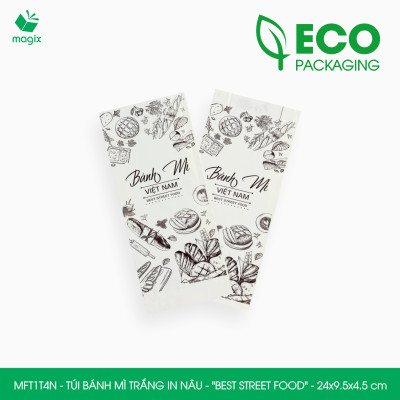 MFT1T4N - 24x9.5x4.5 cm - 100 Túi bánh mì Trắng, in sẵn họa tiết BEST STREET FOOD - Bao bánh mì Túi giấy thực phẩm an toàn