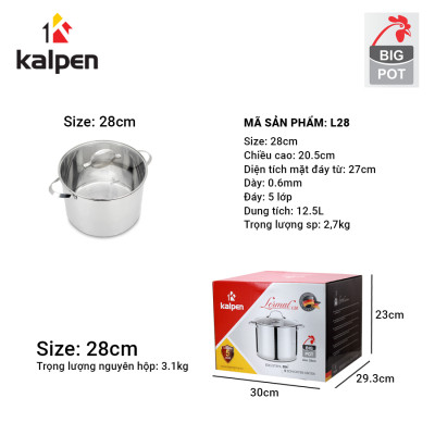 Nồi luộc gà inox 304 cao cấp 5 đáy Kalpen Lermat dung tích 12L/15L, bảo hành 5 năm chuẩn Đức