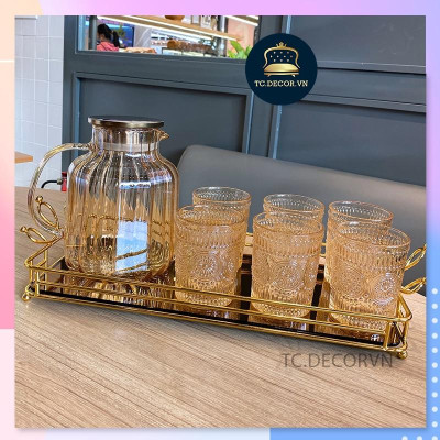 Set 6 Cốc Thuỷ Tinh Mặt Trời Màu Hổ Phách  Sang Trọng Tinh Tế  Có Bình Bán Kèm