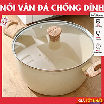 Nồi Đá Chống Dính Nhật Cao Cấp - Nồi Bếp Từ Vân Đá Có Quai Cầm Bằng Gỗ, Nắp Kính Sang Trọng