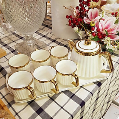 BỘ ẤM CHÉN KÈM KHAY  SỨ PHA TRÀ DÁNG THẤP VÂN SỌC - ANTH678