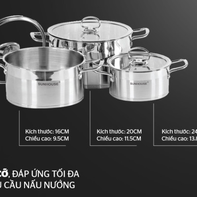 Bộ Nồi Inox 5 Đáy SUNHOUSE MAMA Đáy Từ SH784 - Hàng chính hãng