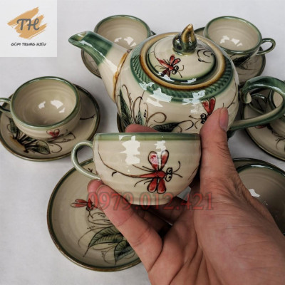 Bộ ấm chén Bát Tràng men bóng vẽ Chuồn khoai đủ phụ kiện