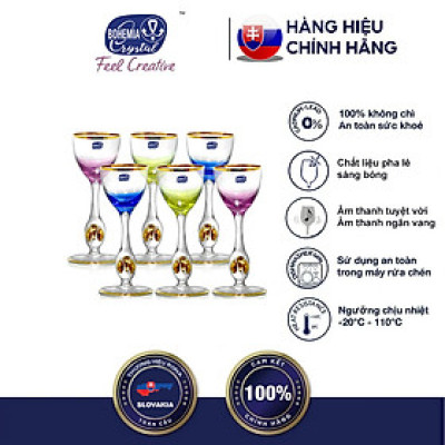 Bộ 6 ly rượu mạnh pha lê 6 màu viền vàng 24k 050 ml Tiệp Khắc
