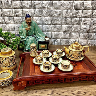 Bộ ấm chén gốm Bát Tràng quai vuông khắc nổi hoa phù dung 