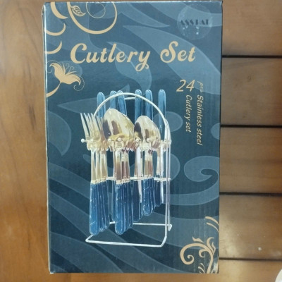 Bộ Dao Muỗng Nĩa Kèm Giá Đựng 24 Món Mạ Vàng Chống Gỉ Cao Cấp Dao Thìa Dĩa Có Vân Đá Cẩm Thạch Tặng Kèm Khay Treo - Hàng Chính Hãng [Được đồng kiểm]