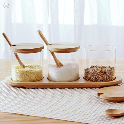 Bộ 3 gia vị thủy tinh kèm khay gỗ tre cao cấp | GIA VỊ 3 THUỶ TINH NẮP GỖ