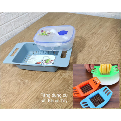 Rổ gác bồn gấp gọn đa năng lúa mách tiện dụng và hộp nhựa 3 ngăn có thìa ( tặng dụng cụ sắt khoai tây )