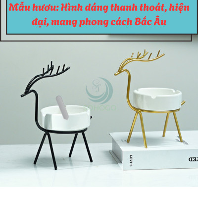 Gạt Tàn Hình Hươu Nghệ Thuật Cao Cấp- Gạt Tàn Trang Trí Kiểu Dáng Hươu Vàng- Gạt Tàn Sứ Hươu Vàng Phong Cách Bắc Âu- Gạt Tàn Sứ Kèm Giá Đỡ Hươu Kim Loại