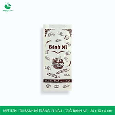 MFT1T5N - 24x10x4 cm - 100 Túi bánh mì Trắng, in sẵn họa tiết GIỎ BÁNH MÌ - Bao bánh mì Túi giấy thực phẩm an toàn