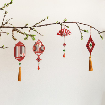 Dây treo trang trí tết - KIM HOA ĐĂNG gỗ cắt CNC màu đỏ son may mắn , treo nhành mai, cành đào, chậu lan