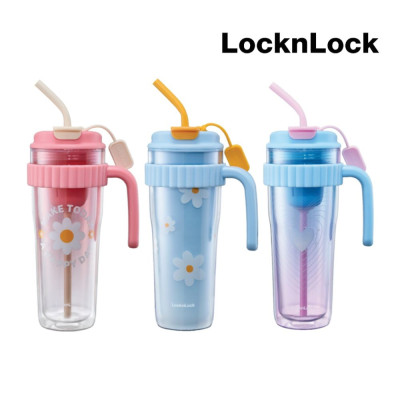 Ly nhựa 2 lớp có tay cầm 890ml LocknLock màu xanh HAP538LBLU, Hàng chính hãng, họa tiết dễ thương, kèm ống hút silicone - JoyMall