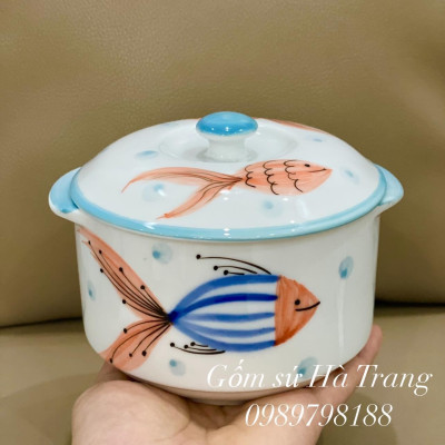 Thố chưng yến gốm sứ Bát Tràng cao cấp vẽ tay hoạ tiết cá dung tích 600ml