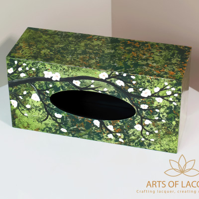 Hộp Đựng Khăn Giấy Sơn Mài Cao Cấp - Họa Tiết Hoa Trắng