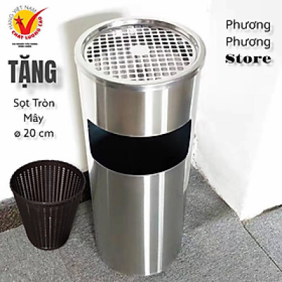Thùng rác inox tròn, thùng rác inox gạt tàn tròn ( Tặng sọt tròn mây ) 
