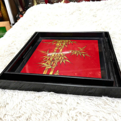 Bộ hai khay sơn mài cao cấp - Mã KV01 - Họa tiết Cành Trúc dát vàng đẹp mắt, sang trọng, quà tặng ý nghĩa