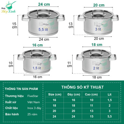 Bộ nồi inox đáy từ cao cấp FiveStar Plus FS08CG-304 nắp kính 4 chiếc,inox 304 , tặng 1 vá canh