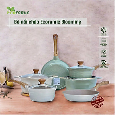 Bộ Nồi Ecoramic Blooming Vân Đá Đáy Từ – Hợp Kim Nhôm Đúc Nguyên Khối – Phủ 5 Lớp Nano Ceramic – Dùng Mọi Loại Bếp (Nồi 24cm, Chảo 24cm, Quánh 18cm)