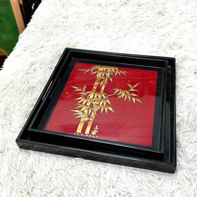 Bộ hai khay sơn mài cao cấp - Mã KV01 - Họa tiết Cành Trúc dát vàng đẹp mắt, sang trọng, quà tặng ý nghĩa