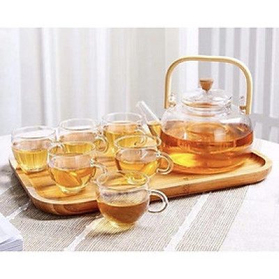 Bộ ấm chén thủy tinh tay gỗ cao pha trà 900ml kèm khay gỗ ( Khay giao ngẫu nhiên )