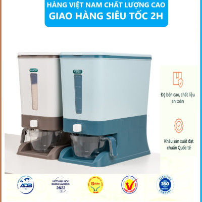 Hộp đựng gạo - Thùng đựng gạo tiện ích 10kg Hokori Việt Nhật Có Nút bấm lấy gạo tự động Tặng Kèm Ca Đong Gạo - Hàng Việt Nam