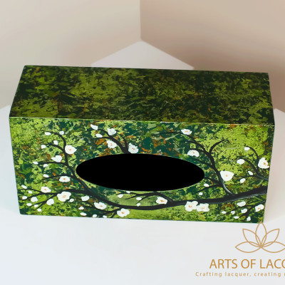 Hộp Đựng Khăn Giấy Sơn Mài Cao Cấp - Họa Tiết Hoa Trắng