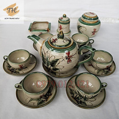 Bộ ấm chén Bát Tràng men bóng vẽ Chuồn khoai đủ phụ kiện