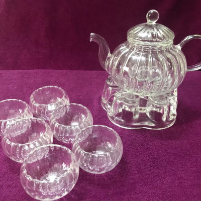 BỘ ẤM CHÉN PHA TRÀ THỦY TINH HOA CÚC KÈM KHAY TRE - ANTH679