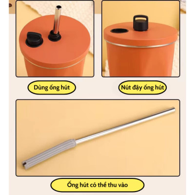 Cốc Giữ Nhiệt Cao Cấp Trơn 600ml, Ly Giữ Nhiệt Kèm Ống Hút Có Núm Đậy Kèm Túi Trong Suốt Tiện Lợi - HÀNG CHÍNH HÃNG MINIIN