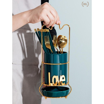 Ống đựng đũa chất liệu sứ khung hợp kim cao cấp | HŨ SỨ CÓ KHAY HỨNG NƯỚC ĐỰNG ĐŨA KHUNG INOX TẠO HÌNH LOVE YOU