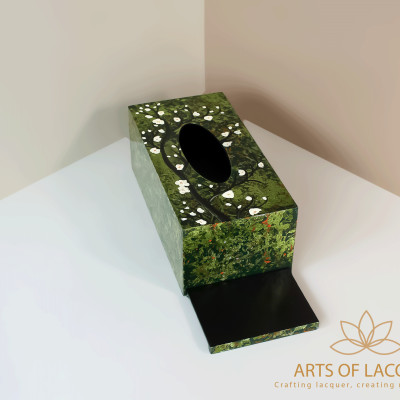 Hộp Đựng Khăn Giấy Sơn Mài Cao Cấp - Họa Tiết Hoa Trắng