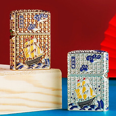 Vỏ Hột Quẹt Bật Lửa Hộp Quẹt Xăng Đá Zorro Z-KJ1248 Họa Tiết Sơn Mài Thuyền Buồm - Dùng Xăng Bấc Đá Cao Cấp