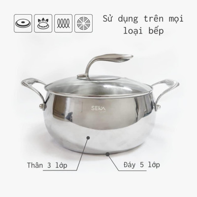 Nồi Táo Inox 5 Đáy Seka Size 22cm Nắp Kính Đáy Liền Dùng Được Mọi Loại Bếp- Hàng Chính Hãng