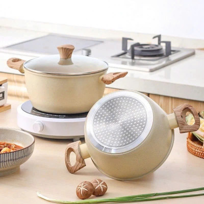 Nồi Đá Chống Dính Nhật Cao Cấp - Nồi Bếp Từ Vân Đá Có Quai Cầm Bằng Gỗ, Nắp Kính Sang Trọng