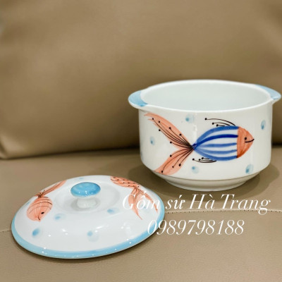 Thố chưng yến gốm sứ Bát Tràng cao cấp vẽ tay hoạ tiết cá dung tích 600ml