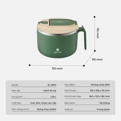 Bát úp mì inox 304 Elmich EL8314 dung tích 1.35L, Hàng chính hãng, có tay cầm, tích hợp lỗ thông hơi - JoyMall