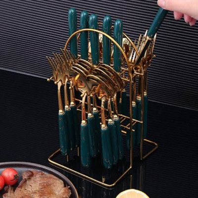 Bộ Dao Muỗng Nĩa Kèm Giá Đựng 24 Món Mạ Vàng Chống Gỉ Cao Cấp Dao Thìa Dĩa Có Vân Đá Cẩm Thạch Tặng Kèm Khay Treo - Hàng Chính Hãng [Được đồng kiểm]