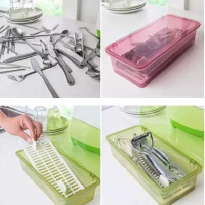( HOT HOT ) SẴN Hộp đựng thìa đũa nằm ngang có nắp và khay ráo nước ( giao màu ngẫu nhiên )