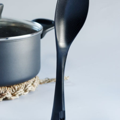 Combo 01 Muôi múc canh đầu silicone Echo Metal 25.5cm + 01 Muôi cơm kháng khuẩn cán dài Echo Metal 25cm màu đen - Nội địa Nhật Bản