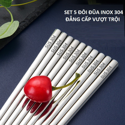 5 Đôi Đũa Inox 304 Hàng Cao Cấp Hoa Văn Chống Trơn Trượt Hàng Chính Hãng 