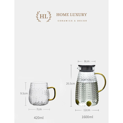 Bộ bình cốc vân lá liễu dập nổi | BỘ BÌNH CỐC THỦY TINH CHỊU NHIỆT BOROSILICATE SIÊU BỀN SIÊU NHẸ CAO CẤP KHÔNG Ố MÀU