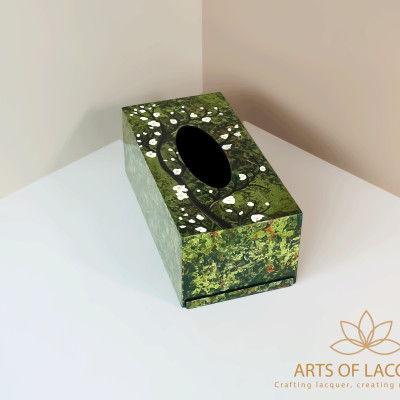 Hộp Đựng Khăn Giấy Sơn Mài Cao Cấp - Họa Tiết Hoa Trắng