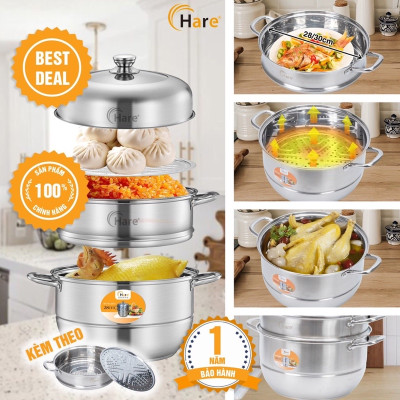 Bộ nồi hấp inox cao cấp đáy từ 3 tầng vung kính - thương hiệu Hare - lỗi 1 đổi 1